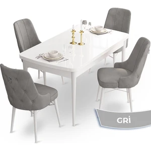 Concept Taç Serisi 80 x 132 cm Açılabilir Beyaz Mutfak Masa Takımı 4 Sandalye Gümüş Halkalı