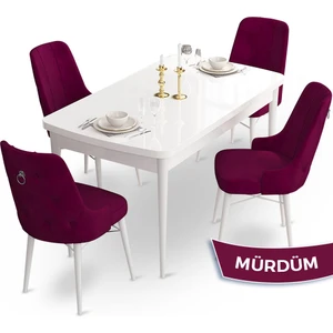 Concept Taç Serisi 80 x 132 cm Açılabilir Beyaz Mutfak Masa Takımı 4 Sandalye Gümüş Halkalı