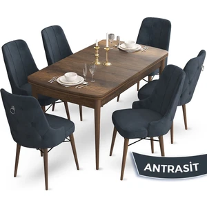 Concept Taç Serisi 80 x 132 cm Barok Ahşap Desen Mutfak Masası Takımı 6 Sandalye Gümüş Halkalı