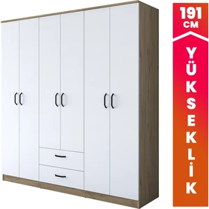 BA115 Geniş Gardırop Elbise Dolabı 6 Kapaklı 2 Çekmeceli 6 Raflı 3 Askılı Sepet Ceviz - Beyaz