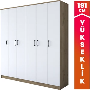 BA114 Geniş Gardırop Elbise Dolabı 6 Kapaklı 16 Raflı 2 Askılı Sepet Ceviz - Beyaz