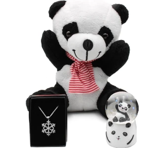 Tatlı Peluş Panda & Işıklı Mini Panda Kar Küresi & Kar Tanesi Kolye Hediye Seti