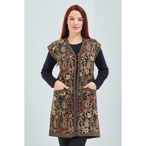 Fresh Moda Kadın Siyah Cepli Anadolu Desenli  Üç Düğmeli Uzun Yelek