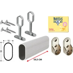 Dolap Içi Askılık Borusu Alüminyum Oval 59,5 cm + 2 Adet Oval Ayaklı Flanş + 2 Adet Oval Sabit Flanş + Montaj Vidaları Set