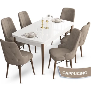 Concept Ahu Serisi 80 x 132 cm Açılabilir Masa Beyaz Masa Ceviz Ayak Mutfak Masa Takımı 6 Sandalye