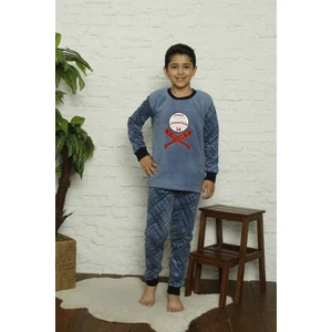 Erkek Çocuk 5002 Desenli Manşetli Polar Pijama Takım Mavi