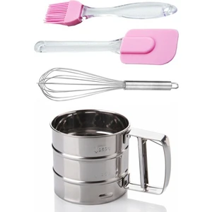 Tilbe Home Un Eleği Basmalı Şeker Pudra Elek + Çelik Yumurta Çırpıcısı + Yumurta Fırçası + Silikon Spatula