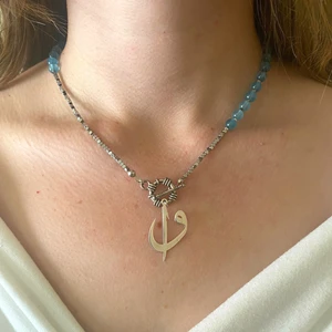 Suerte Accessories 925 Ayar Gümüş Elif Vav Uçlu Okyanus Akik ve Hematit Doğal Taşlı El Yapımı Kolye