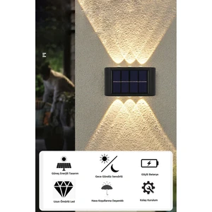 1 Adet - Modern 6 Ledli Solar Çift Taraflı Aplik Güneş Enerjili Duvar Aydınlatma Lambası (Gün Işığı)