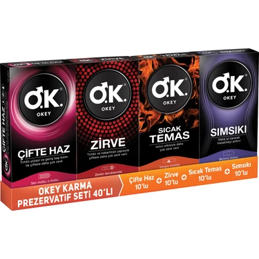 Okey Karma Prezervatif Seti 40'ı (Çifte Haz + Zirve + Sıcak Temas +