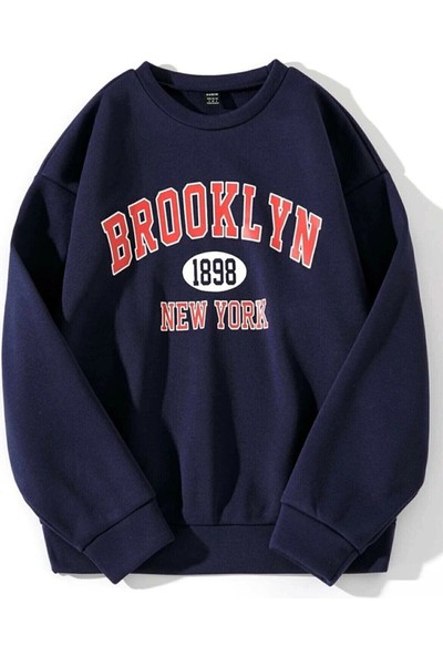 Laluvia Kadın Lacivert Oversize Brooklyn Baskılı Sweatshirt