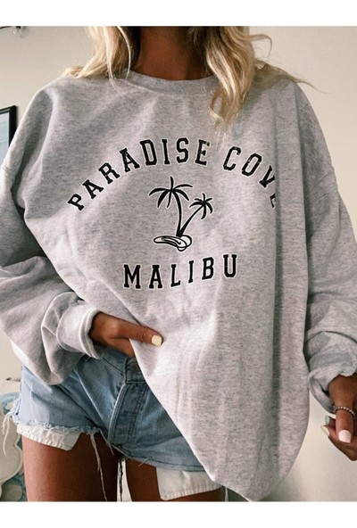 Laluvia Kadın Gri Paradise Cove Malibu Baskılı Oversize Sweatshirt