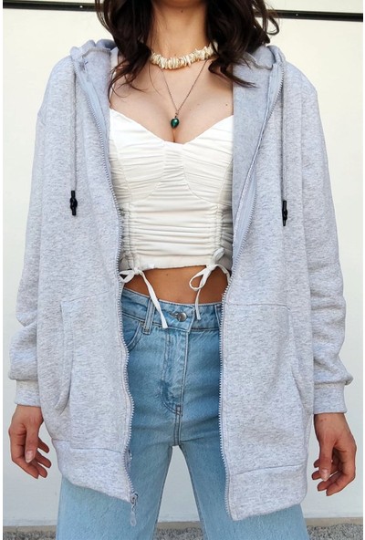 Garmoda Yeni Sezon Içi Şardonlu Kapüşonlu Hırka Sweatshirt Yeni Sezon Oversize Fermuarlı Sweatshirt