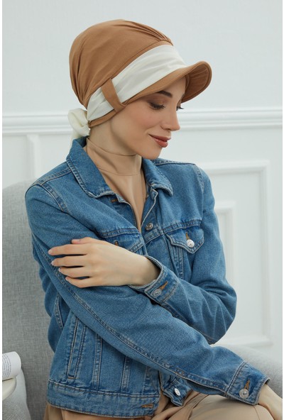 Şifon Kuşaklı Şapka Bone,açık Kahverengi-Krem,b-38