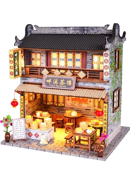 1:24 Ölçekli El Yapımı Dollhouse Mini Çin Çayevi Mobilya LED (Yurt Dışından)