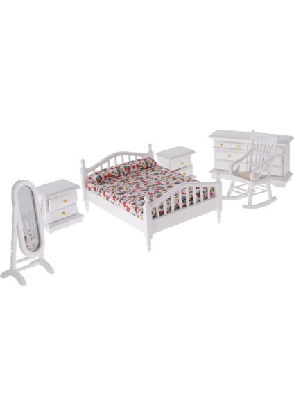 1:12 Dollhouse Minyatür Beyaz Ahşap Retro Yatak Odası Mobilya Seti (Yurt Dışından)
