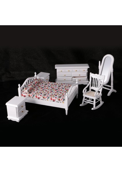 1:12 Dollhouse Minyatür Beyaz Ahşap Retro Yatak Odası Mobilya Seti (Yurt Dışından) modelleri