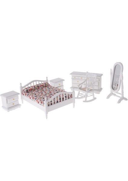 1:12 Dollhouse Minyatür Beyaz Ahşap Retro Yatak Odası Mobilya Seti (Yurt Dışından) fırsatları