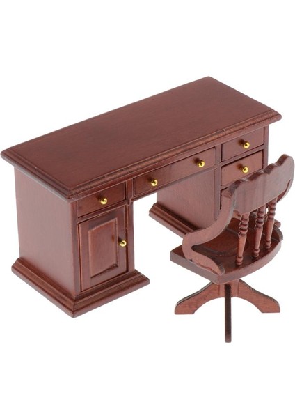 1/12 Dollhouse Minyatür Ofis Mobilyaları Ahşap Masa ve Set Kahverengi Set 3 (Yurt Dışından)