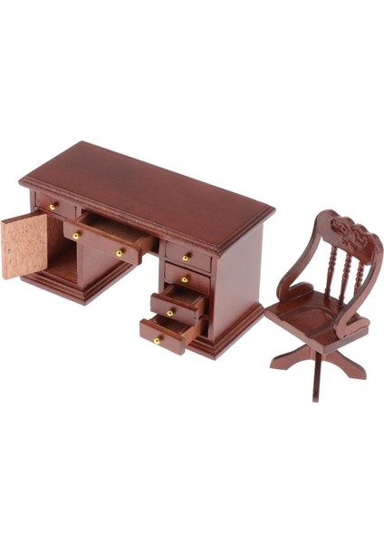 1/12 Dollhouse Minyatür Ofis Mobilyaları Ahşap Masa ve Set Kahverengi Set 3 (Yurt Dışından) modelleri
