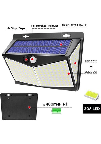 208 Solar Güneş Enerjili Hareket Sensörlü 3 Modlu LED Aydınlatma