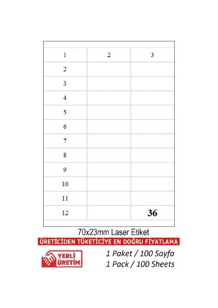 Etiket TW-2433 100 A4 Sayfa Laser Etiket 70X23 1 A4 Sayfada 36 Etiket