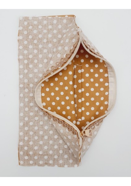 20X30 cm Dikilmiş Fermuarlı Astar Hardal Sarı Puantiyeli