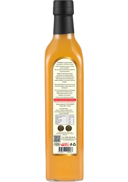 İçilebilir Katkısız Cam Şişe Enginar Sirkesi 12 x 500 ml