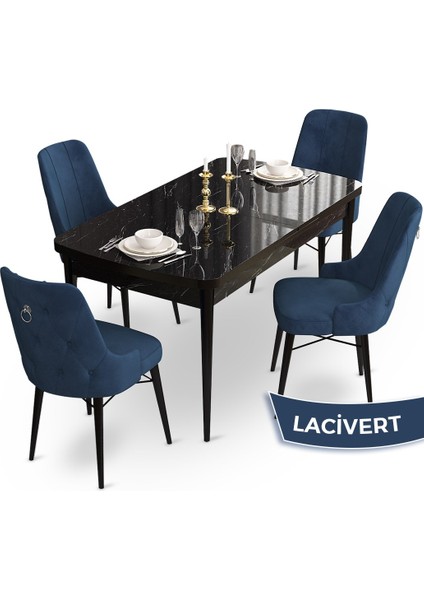Concept Taç Serisi 80 x 132 cm Siyah Mermer Desen Mutfak Masası Takımı 4 Sandalye Gümüş Halkalı