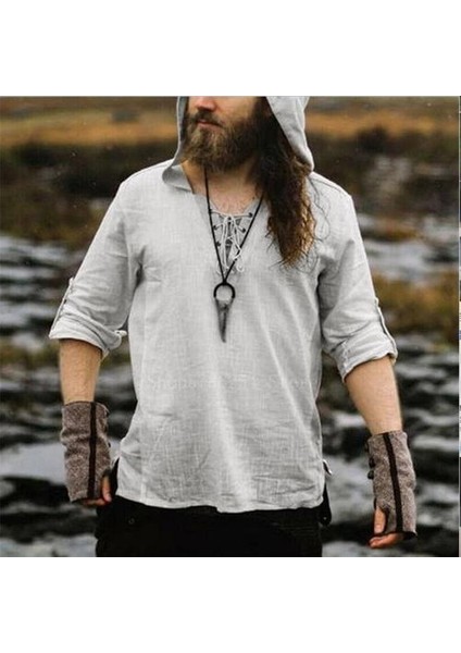 L Adam Retro Ortaçağ Korsan Viking Cosplay Gömlek Vintage Rahat Erkek Kapüşonlu Knight Keten Rönesans Nordic Tunik Bandaj T Gömlek | Film ve tv Kostümleri