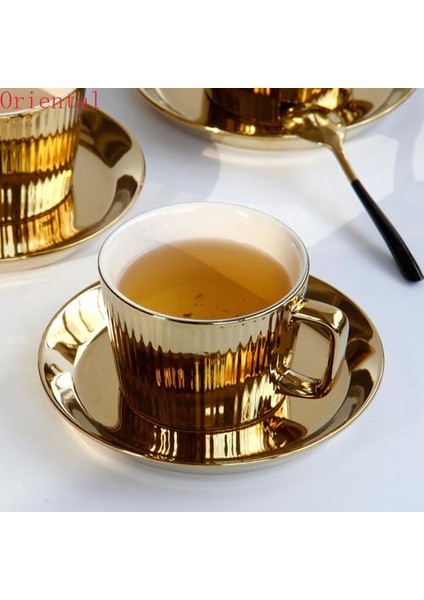 250ML Altın Kaplama Çay / Kahve Fincanı ve saucer Seti Seramik Espresso Kupası Ofis Beyaz | Kahve Kupaları ve kupalar
