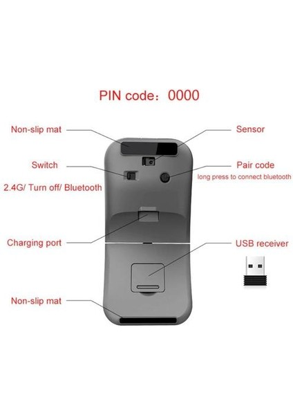 2.4g USB Kablosuz + Bluetooth Katlanır Fare Şarj Edilebilir Ergonomik Oyun Faresi MacBook Lenovo Asus Dell Hp Bilgisayar Fare Için | Fareler (Siyah)