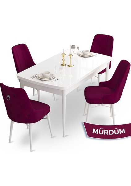 Concept Taç Serisi 80 x 132 cm Açılabilir Beyaz Mutfak Masa Takımı 4 Sandalye Gümüş Halkalı