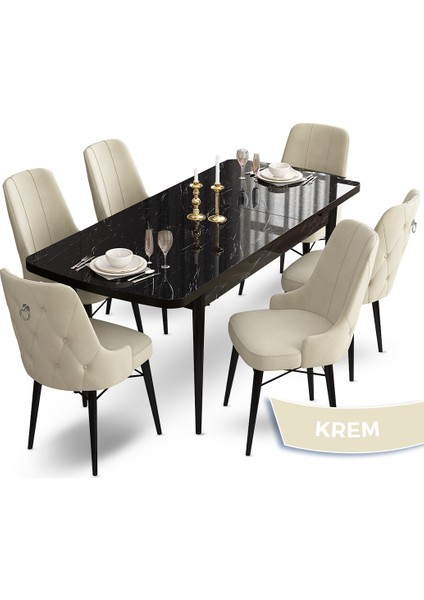 Concept Taç Serisi 80 x 132 cm Siyah Mermer Desen Mutfak Masası Takımı 6 Sandalye Gümüş Halkalı fiyatları