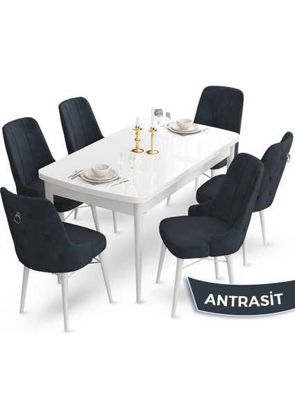 Concept Taç Serisi 80 x 132 cm Açılabilir Beyaz Mutfak Masa Takımı 6 Sandalye Gümüş Halkalı