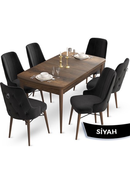 Concept Taç Serisi 80 x 132 cm Barok Ahşap Desen Mutfak Masası Takımı 6 Sandalye Gümüş Halkalı