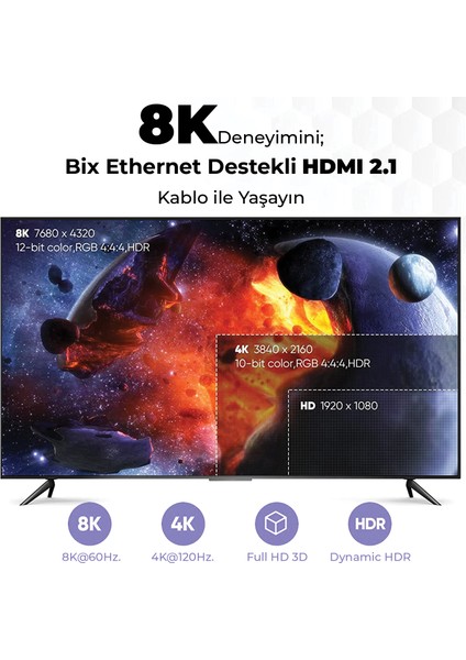 PHD05 8K@60Hz HDMI 2.1 Ethernet 48Gbps. Veri Aktarım - eARC - 3D Ready Destekli Altın Kaplama 5 Metre HDMI Kablo