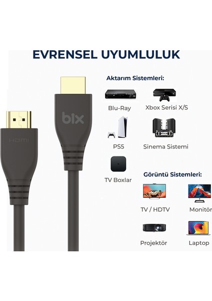 PHD05 8K@60Hz HDMI 2.1 Ethernet 48Gbps. Veri Aktarım - eARC - 3D Ready Destekli Altın Kaplama 5 Metre HDMI Kablo