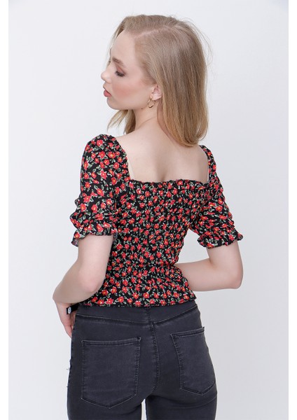 Tena Moda Kadın Desen-3 Gipeli Ön Büzgülü Crop Bluz