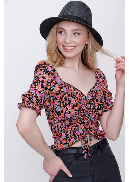Tena Moda Kadın Desen-1 Gipeli Ön Büzgülü Crop Bluz