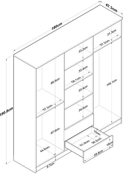 BA115 Geniş Gardırop Elbise Dolabı 6 Kapaklı 2 Çekmeceli 6 Raflı 3 Askılı Sepet Ceviz - Beyaz