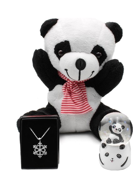 Tatlı Peluş Panda & Işıklı Mini Panda Kar Küresi & Kar Tanesi Kolye Hediye Seti