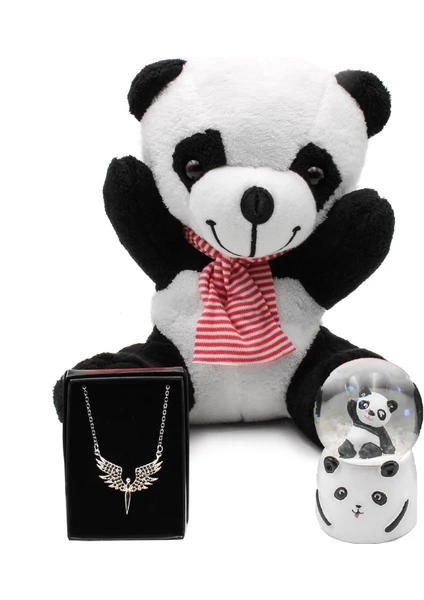 Tatlı Peluş Panda & Işıklı Mini Panda Kar Küresi & Mikail Melek Kolye Hediye Seti