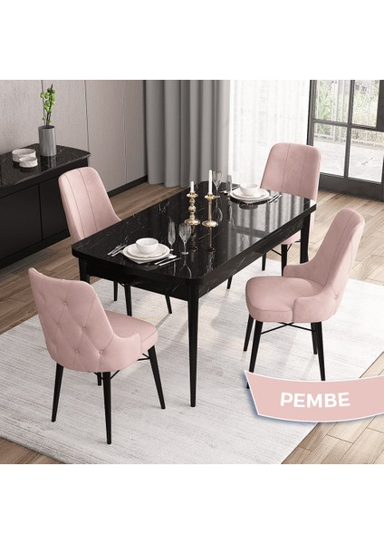 Concept Iza Serisi 80 x 132 cm Mdf Açılabilir Siyah Mermer Desen Mutfak Masa Takımı 4 Sandalye
