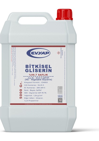 Bitkisel Gliserin %99.7 Saflık Gıda Tipi Yenilebilir 5 kg