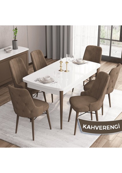 Concept Iza Serisi 80 x 132 cm Açılabilir Mdf Beyaz Masa Ceviz Ayak Mutfak Masa Takımı 6 Sandalye
