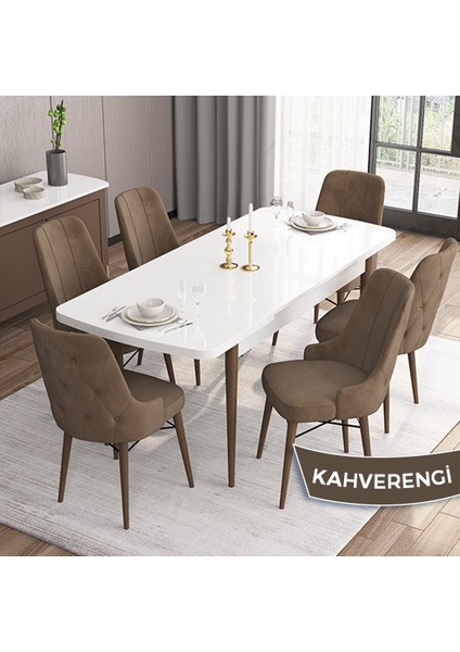 Concept Iza Serisi 80 x 132 cm Açılabilir Mdf Beyaz Masa Ceviz Ayak Mutfak Masa Takımı 6 Sandalye fiyatları