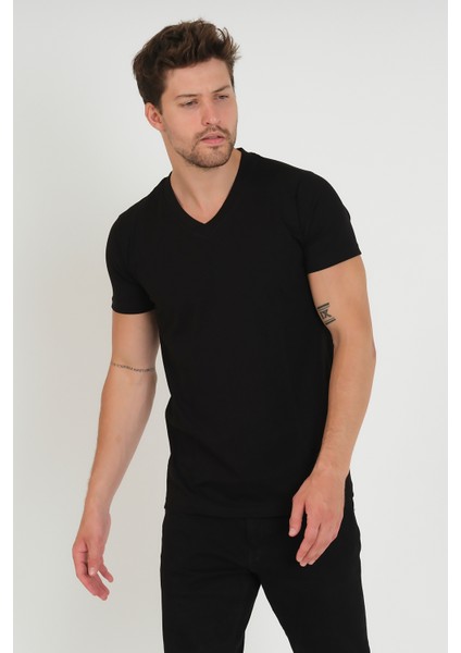 Erkek V Yaka T-Shirt - Siyah