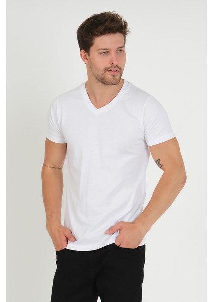 Erkek V Yaka T-Shirt -Beyaz