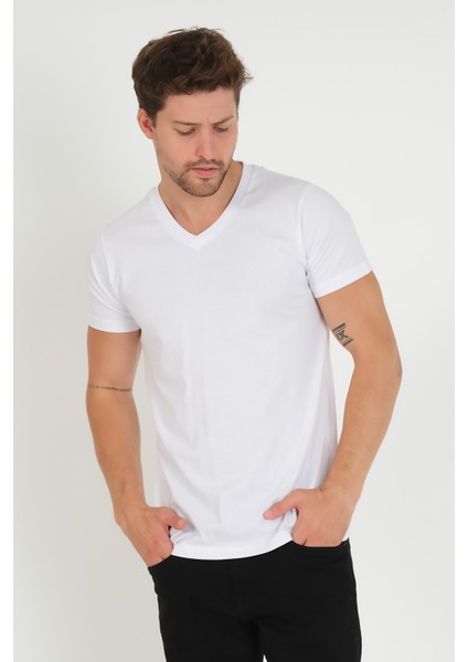 Erkek V Yaka T-Shirt -Beyaz fiyatları